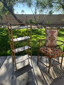 🌿 Bamboo-Style Vintage Shelf + Accent Chair Set