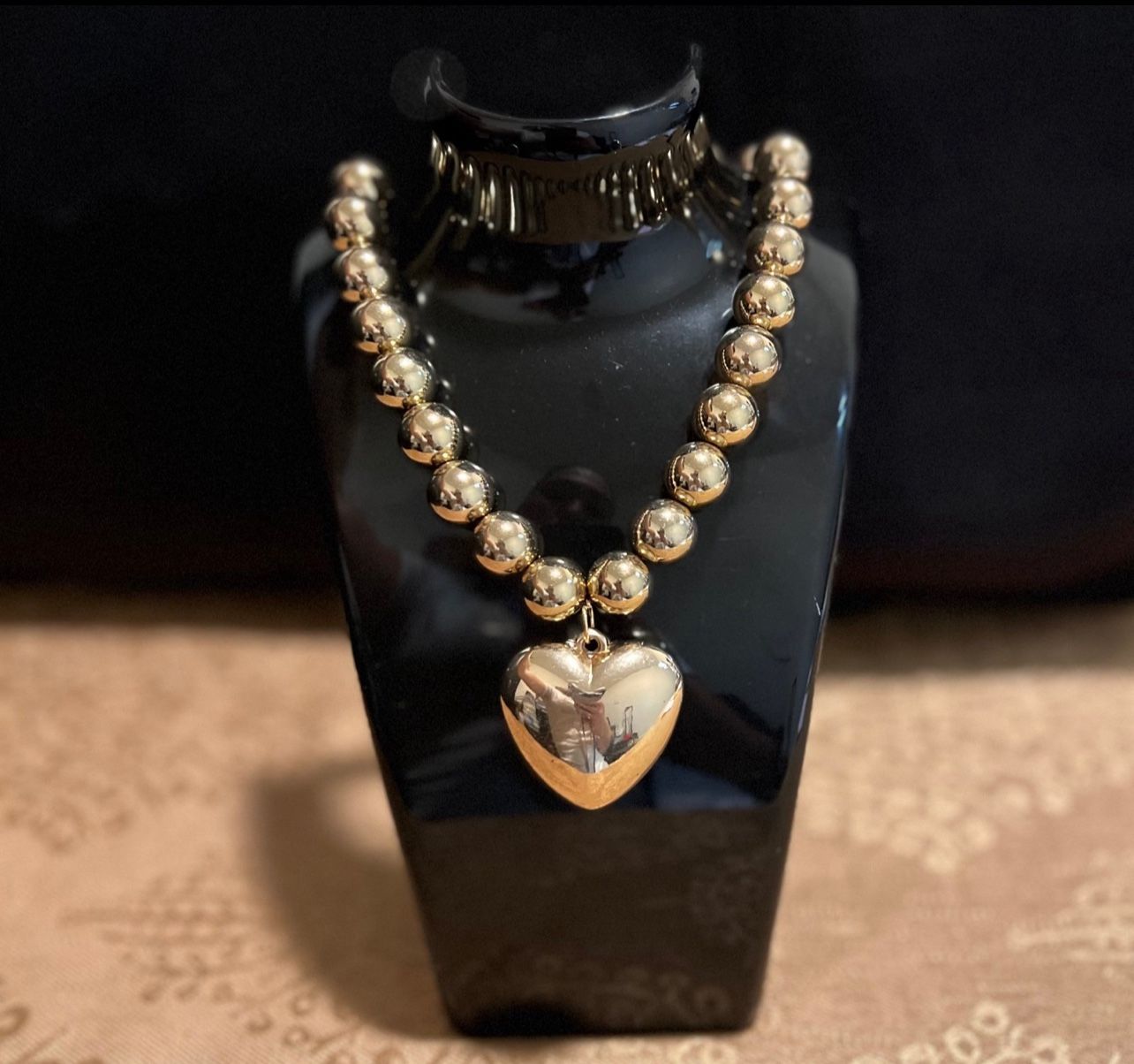 Large Gold Beads and Bubble Gold Heart Pendant