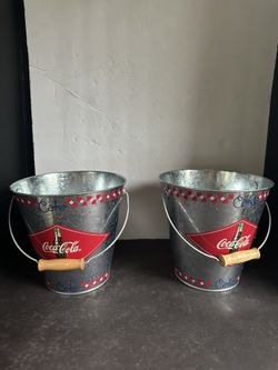 Coca-Cola Galvanized Metal Ice Buckets Set of 2 Wood Handles 7” Coke