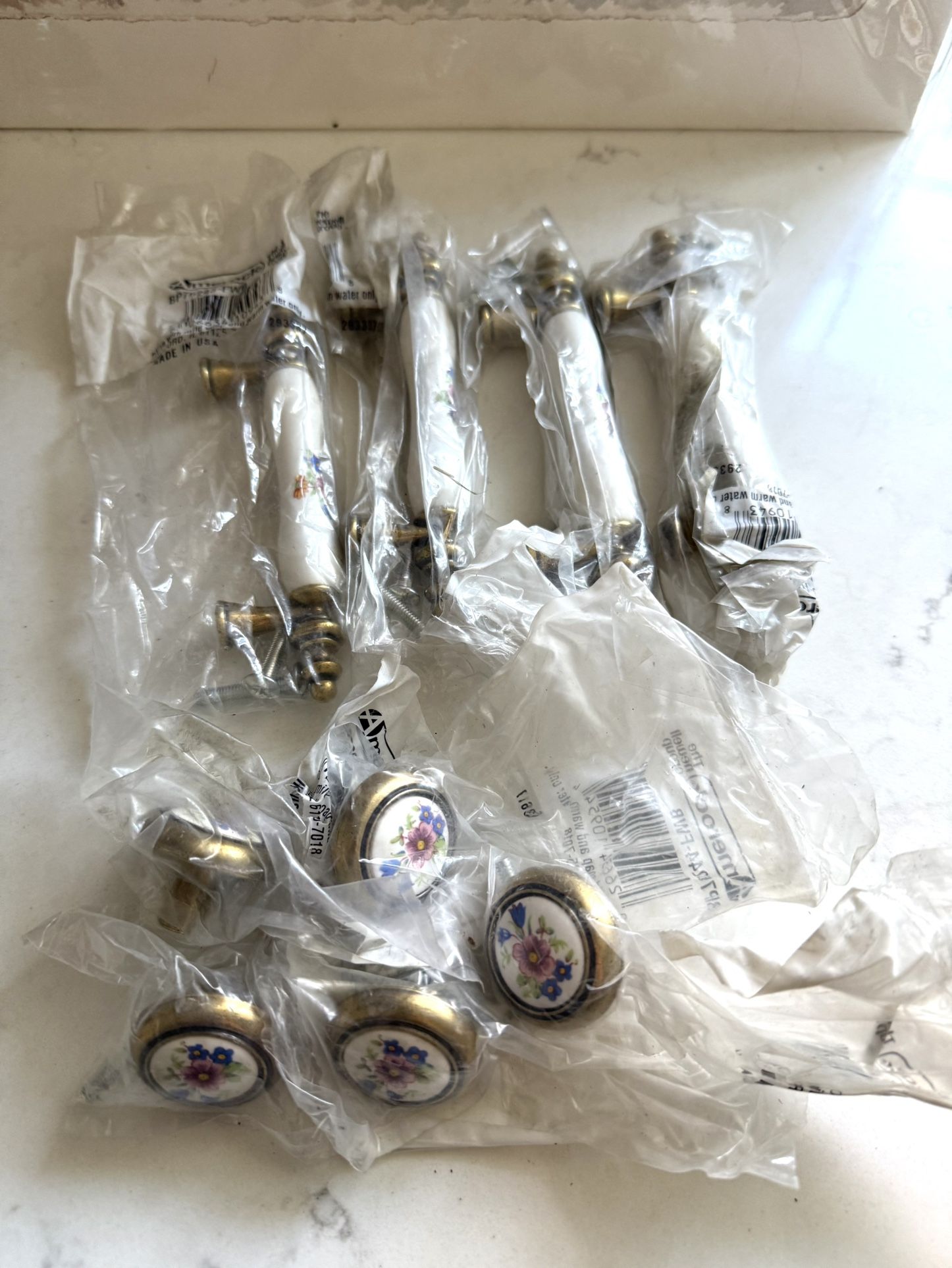 Vtg New Old Stock Amerock Floral Ceramic and Brass Drawer Pulls & Knobs - Lot of 9 pcs