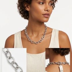 Chunky Silver Tone Textured Oval Link Chain Statement Necklace - Fashion Jewelry