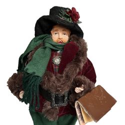 Vintage 15" Resin Male Christmas Caroler with Hymn Book Felt Hat Faux Fur Coat