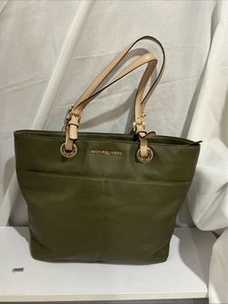 Michael Kors Green Pebbled Tote Bag, Beige Straps, Gold Hardware, Zip, Med
