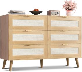 6-Drawer Wood Dresser with Rattan Fronts