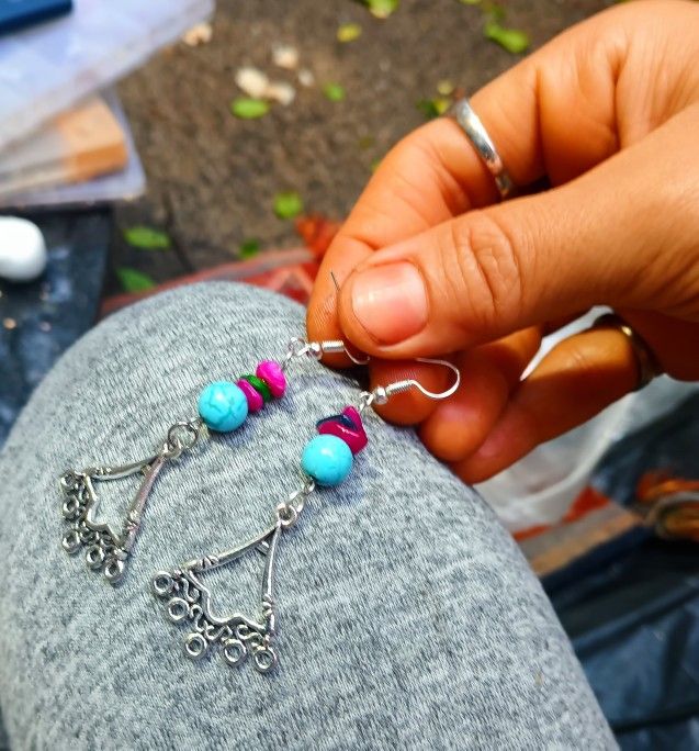 Dangled Earrings With Turquoise Bead And Gemestones