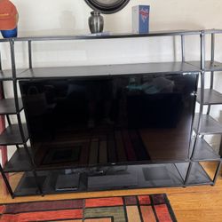 Modern Wooden and Metal Entertainment Stand  86” long  17 1/2” deep  59” tall  TV and other Items not included 