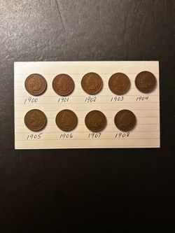 Coins – Indian pennies – 1900, 1901, 1902, 1903, 1904, 1905, 1906, 1907, 1908 – Total 9 consecutive dates
