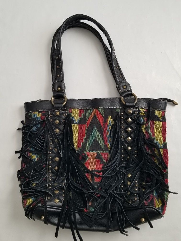 Montana West Southwestern Print Leather Purse Tapestry Fringe  Bag. Read Des. 