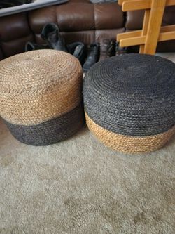 2 Used Two Tone Braided Jute Print Ottaman/ Footstool In Great Condition