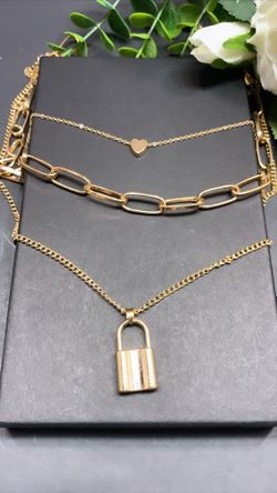 18K Gold Plated Heart Necklace Triple Layer Lover Lock Pendant, Gold Color