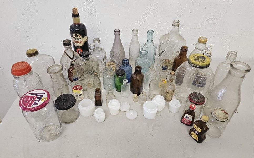 Large Lot Of Antique Glass Bottles