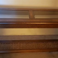 Antique 1970s Mid-Century Two-Tier Walnut Glass Faux Cane Console Sofa Table
