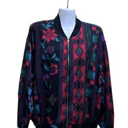 VTG CASCAIS Of California Jacket L Floral Blk Geometric Zip Streetwear Chic Boho