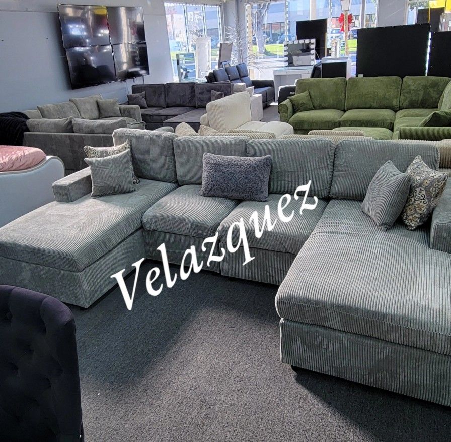 ✅️✅️4 pc fog grey corduroy fabric sectional sofa with double chaise✅️