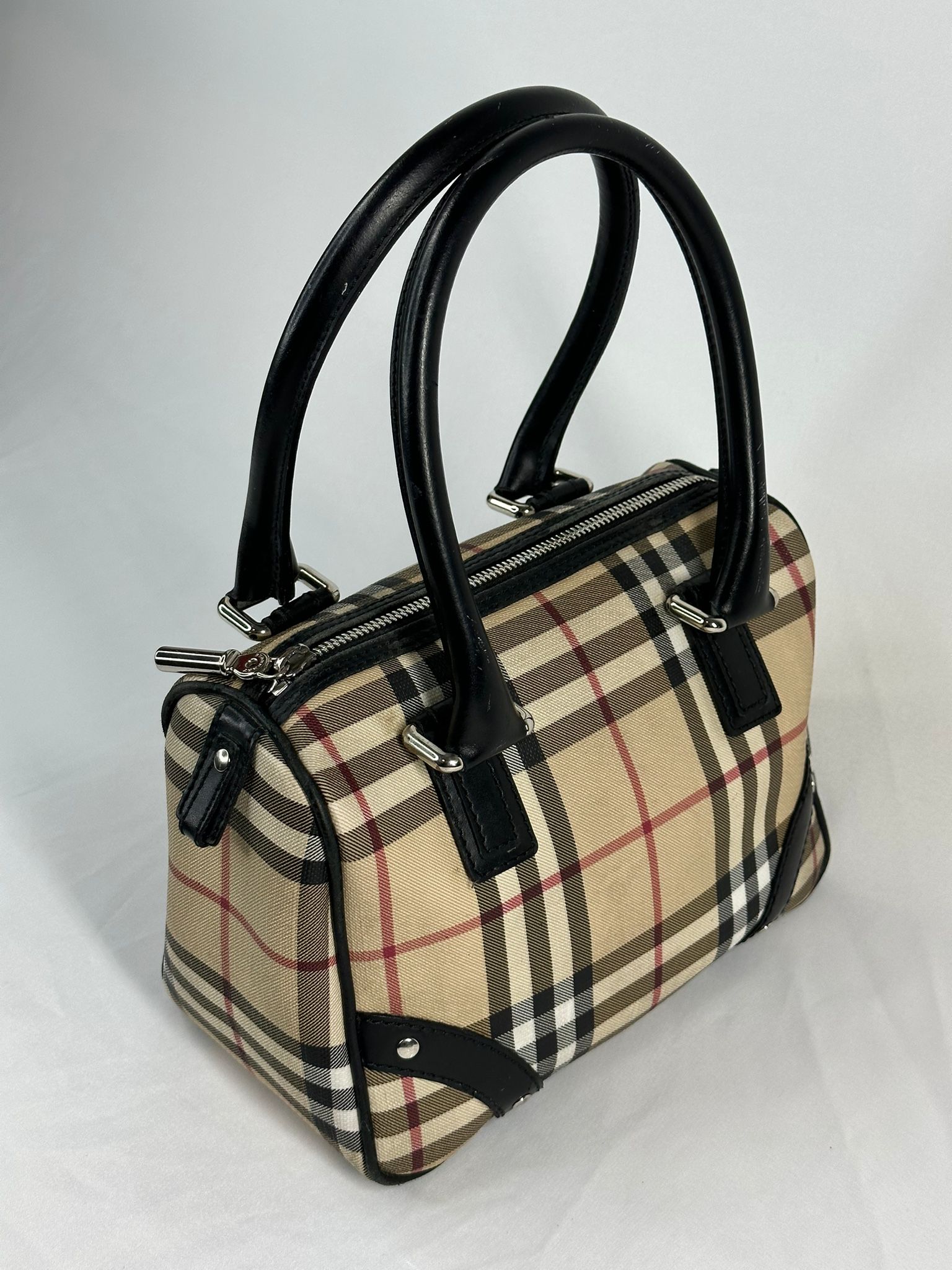 #435 BURBERRY Nova Check Satchel Handbag Canvas Chester Bowling Bag