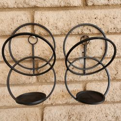 (2) Vintage black iron geometric wall candle holder sconces