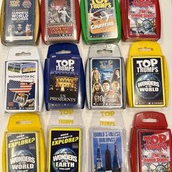 This Top Trumps card game lot includes various themes such as Harry Potter, earth Wonders, world wonder, US Presidents, and Guinness World Records, AN