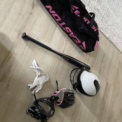 Girls Softball Bundle Baseball Bat, Catching Glove, Batting Gloves, Defending Mask, Batting Helmet, And Baseball Bag.
