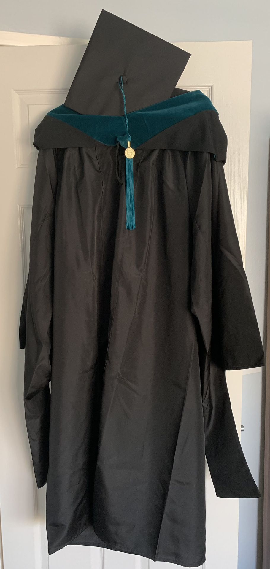 Graduation Gown and Cap with Teal White Black Master's Hood and Tassel Like New