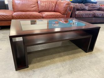 Dark Cherry Coffee Table with Glass Top and Shadowbox Style Frame
