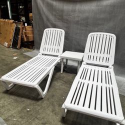 New Three Pieces White Plastic Outdoor Patio Pool Chaise . Adjustable Recliner. Available In White Only