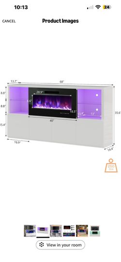 AMERLIFE Modern High Gloss 68" Fireplace TV Stand, Media Entertainment Center with Fireplace & LED Lights for TVs up to 78", TV Console with Adjustabl