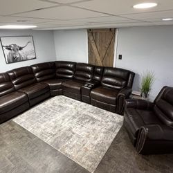 RTG Powered Genuine Leather Sectional And Matching Recliner