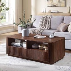 Modern Coffee Table, Wood Center Table, Sofa Table w/ Hidden Drawers - Walnut
