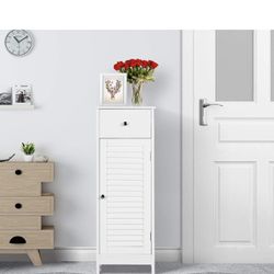 Bathroom Floor Storage Cabinet, Freestanding Side Table Storage Organizer Unit with Drawer and Single Shutter Door, D11.8xW12.6xH34.3 Inches
