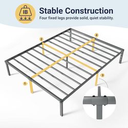 Queen Bed Frame, 14 inch Metal Beds with Storage Space, Grey
