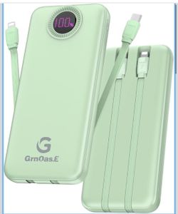 10000mAh Portable Charger, 22.5W Power Bank with Built-in 2 Cables 5V/3A Fast Charging, 4 Outputs & 2 Inputs, Slim Compact Travel Powerbank for iPhone