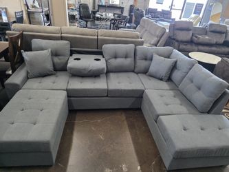 Reversible Microfiber Sectional with drop down cup holder