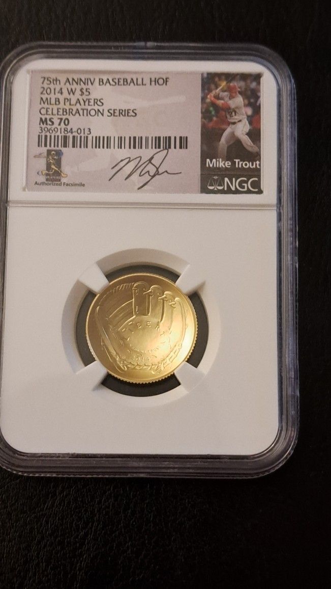 Mike Trout Hall of Fame $5 Solid Gold Coin 2014 NGC MS70