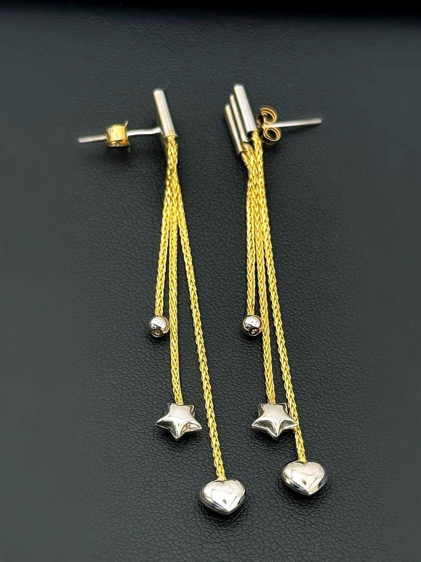 14k solid two tone gold drop dangle heart star earrings