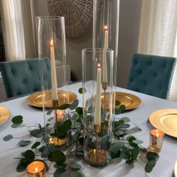 Set Of 3 Cylinder Glass Vase With Gold Candle Holder