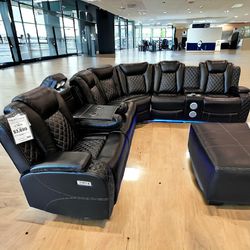 Power Reclining Black Leather Sectional Couch Set 📐 Wireless Charging, Lift Up Light Bar, Led Light, Cup Holders, Bluetooth Speaker....