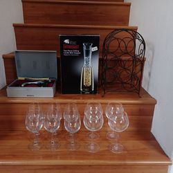 Wine rack+ Brand New Wine Enthusiast 2pcs Chilling Carafe With Stopper +BonJour chateau deluxe wine bottle opener w/foil cutter+ 10 glasses