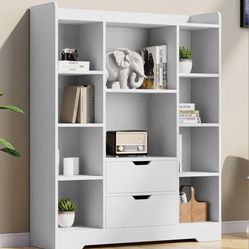 Cozy Castle Kids Bookshelf with Storage, Toy Storage Organizer with 2 Drawers and 10 Cubes 4-Tier Bookcase for Bedroom, Playroom, Hallway, Living Room