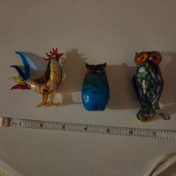 Set Of 3 Vintage Glass Owls and Rooster