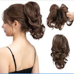 CJL HAIR Claw Clip Short Ponytail Hair Extensions DIY Bendable Metals Messy Bun Hair Piece for Wonen Wavy Curly Synthetic Fake Hairpieces Dark Brown