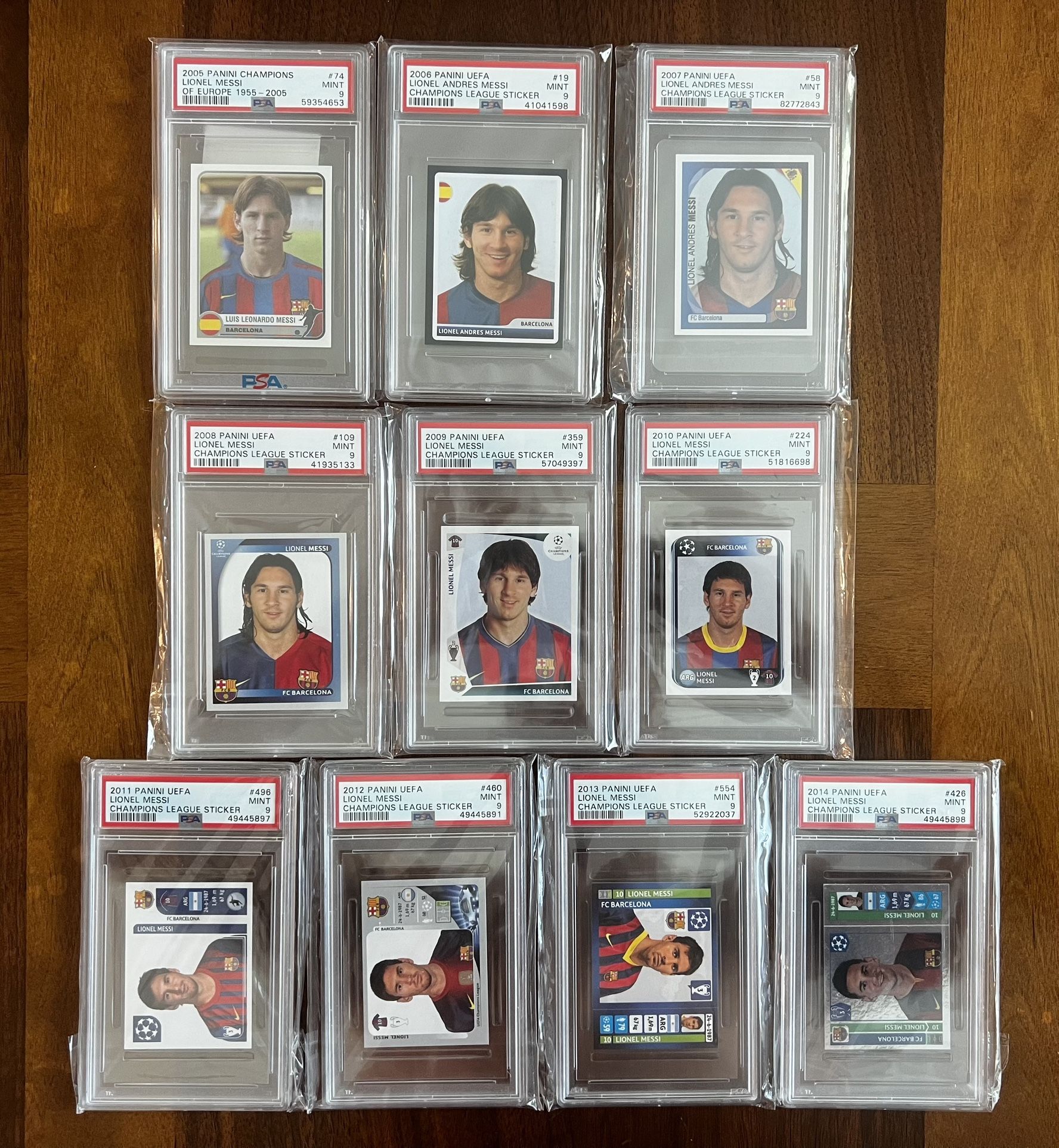 2005-2014 Panini UEFA Lionel Messi Champions league STICKER PSA 9 COLLECTION..