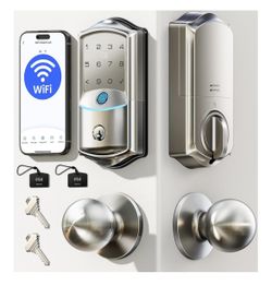  Veise VE027-K Built-in WiFi Smart Lock with 2 Knob, Fingerprint Keyless Entry Door Lock Handle Set for Front Door, App Remote ContReg. Retail $109.99