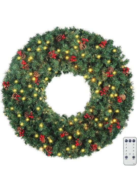 NEEDOMO Large Christmas Wreath 220 Color, 48" Pre-lit Plug-in Wreaths with Berries and Cones,4 FT Xmas Wreath Outdoor, Christmas Decorations with 9 Mo