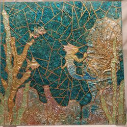 Large 32"x 32" Mixed Media Painting Resin Art Mermaid Aquatic Marine Reef Signed Fish Sea Siren Underwater Ocean Mythical Coastal 008