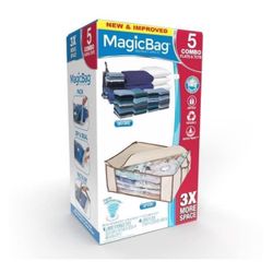 Magic Bag Instant Space Saver Storage - 1 Jumbo Tote with 4 Flat Large Compression Bags, New