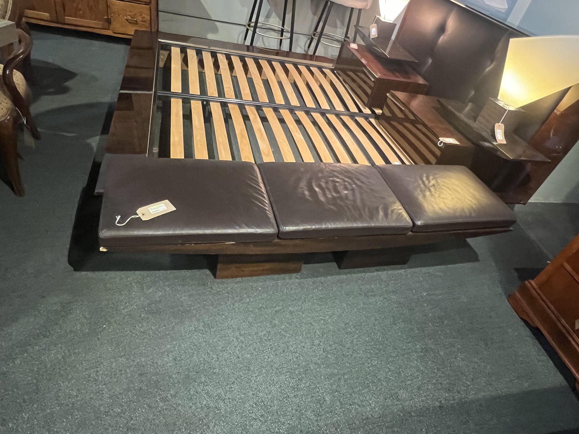 BENCH: Long brown leather Foot Bench For Cal King Italian Bed As-Is (wear & tear) SKU 7XFXWJ