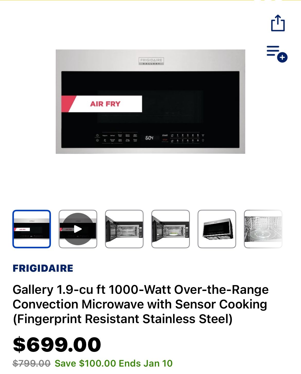 1.9cu Frigidaire Microwave Air Fryer Convection 