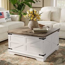 Heavy-Duty Coffee Table with Storage, Square Wood Center Table Set for Living Room with Pull Up Large Hidden Storage Compartment, Maple White
