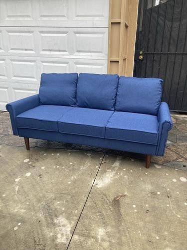 New Dark Blue Linen Fabric Upholstered Mid Century 3 Seater Sofa