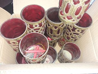 12 red and gold glass candle holders